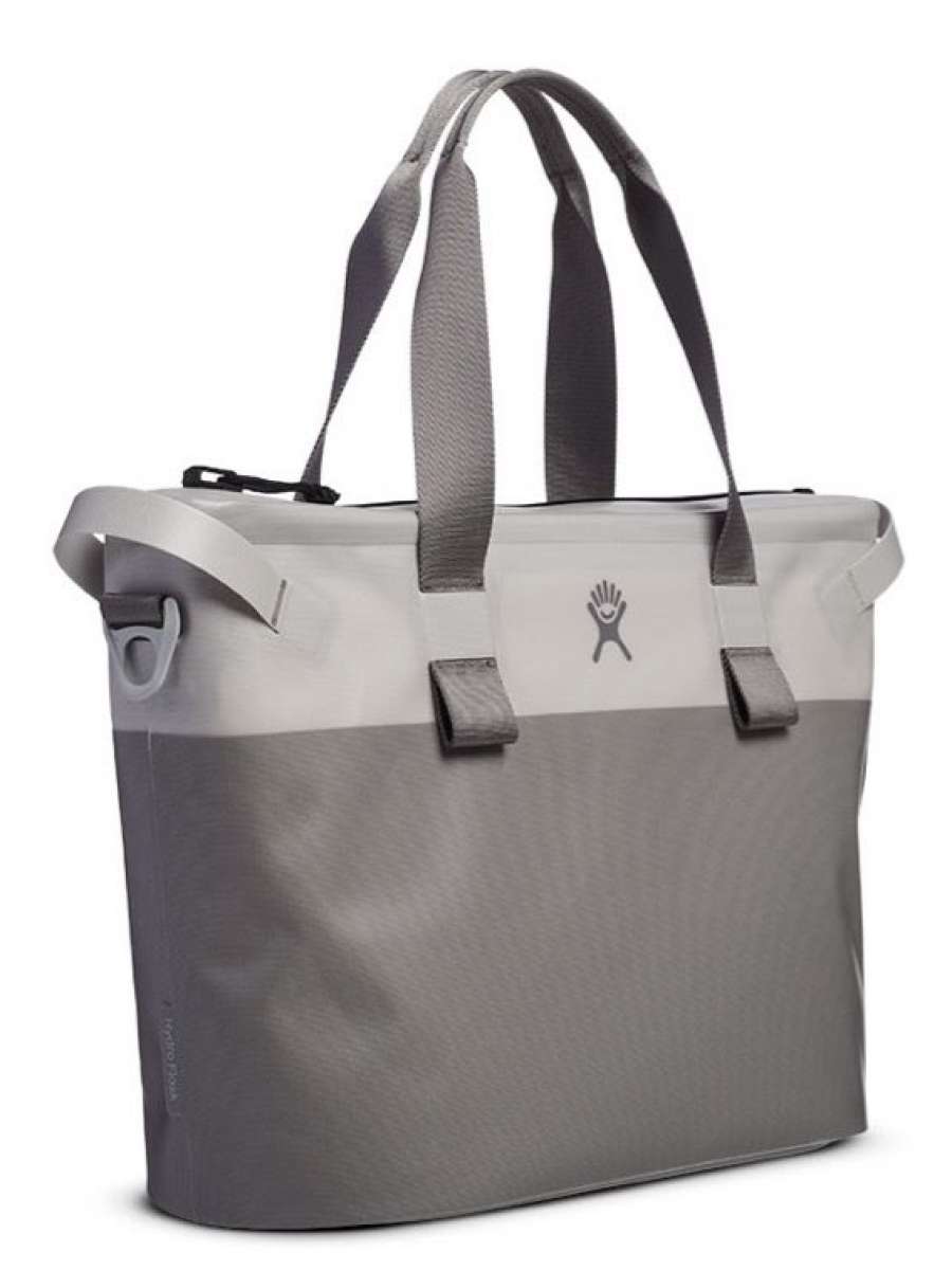 Hydro Flask 18L Day Escape Soft Cooler Tote - A large, rectangular cooler bag with a zippered top and two long handles in light gray.