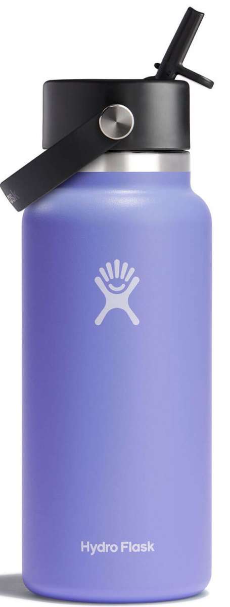 Hydro Flask 32oz Wide Mouth Bottle with Flex Straw - A purple water bottle with a black lid and straw, featuring a distinctive logo on the side.