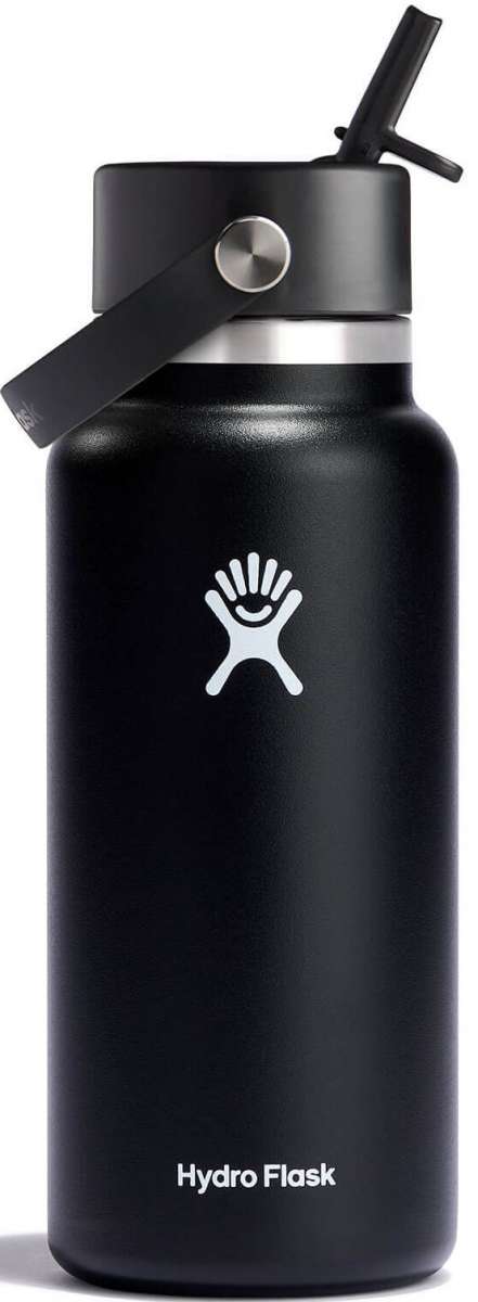 Hydro Flask - A black water bottle with a silver lid, featuring a built-in straw and carrying handle.