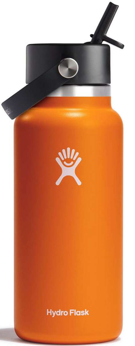 Hydro Flask - A wide-mouthed water bottle with a built-in flexible straw, featuring a silver lid and handle.