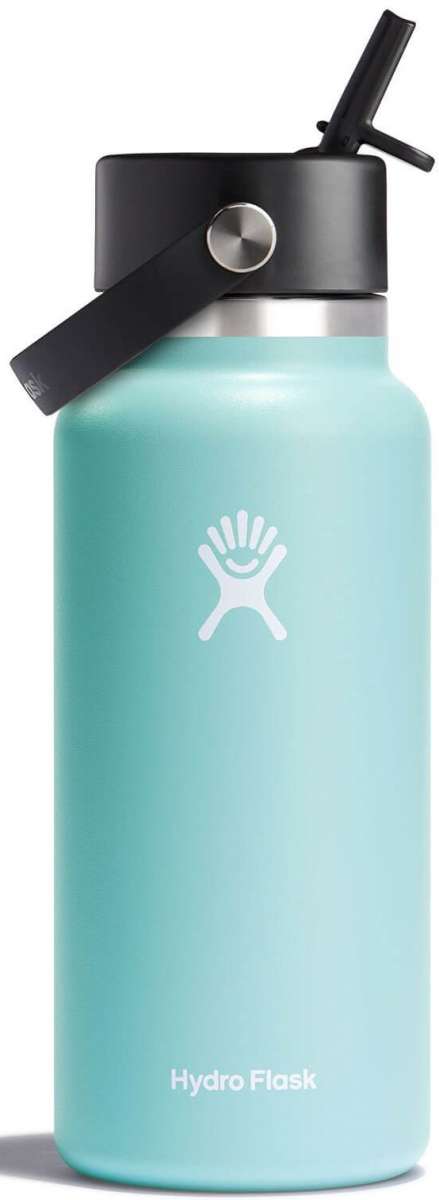 Hydro Flask - A wide-mouthed water bottle with a built-in flexible straw, featuring a light blue color and a silver lid.