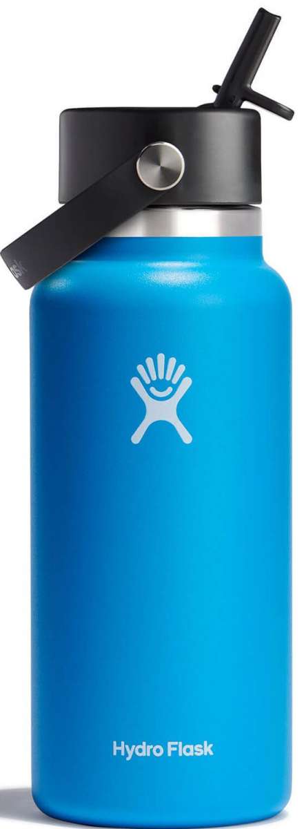 Hydro Flask - A blue water bottle with a black lid featuring a built-in straw.