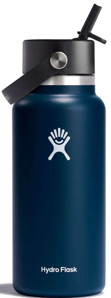 Hydro Flask 32oz Wide Mouth Bottle with Flex Straw - A dark blue water bottle with a silver lid and black straw.