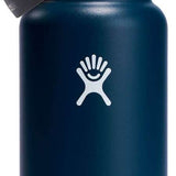 Hydro Flask 32oz Wide Mouth Bottle with Flex Straw - A dark blue water bottle with a silver lid and black straw.