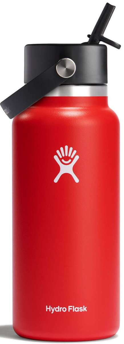 Hydro Flask 32oz Wide Mouth Bottle with Flex Straw - A red water bottle with a black lid and a flexible straw protruding from it.