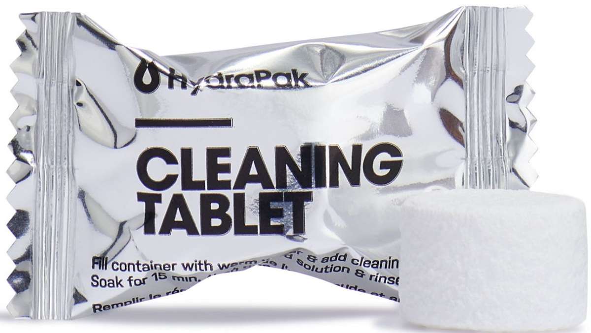 Hydro Flask - Natural cleaning tablets in a white wrapper with blue text, featuring an illustration of a leaf and a water droplet.