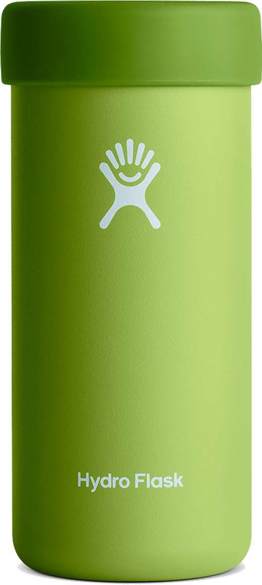 Hydro Flask Slim Cooler Cup - A green cooler cup with a white logo of a hand holding up five fingers on its side, featuring a screw-on lid and a handle on one side.