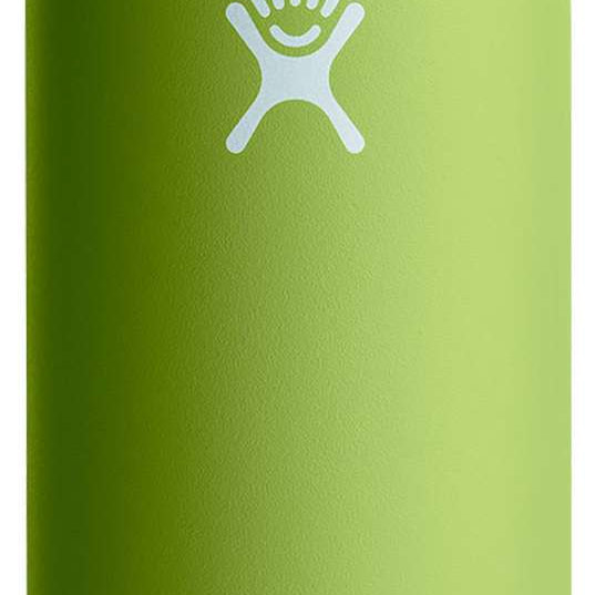 Hydro Flask Slim Cooler Cup - A green cooler cup with a white logo of a hand holding up five fingers on its side, featuring a screw-on lid and a handle on one side.