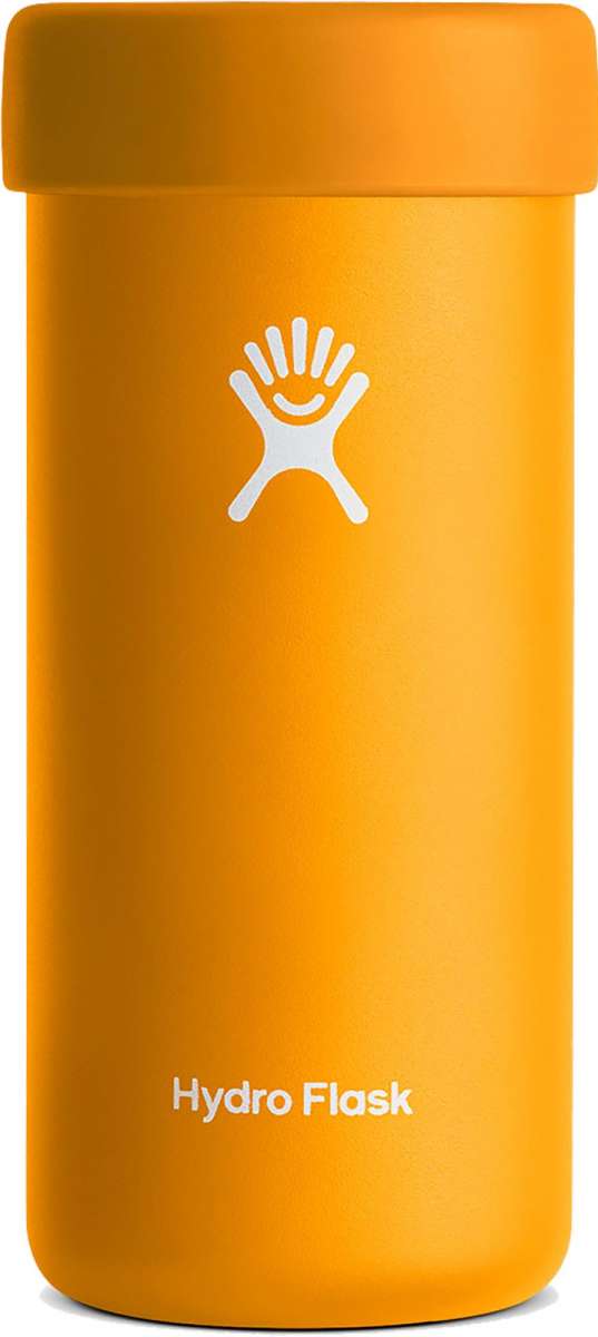 Hydro Flask Slim Cooler Cup - A slim cooler cup with a screw-on lid, featuring a white logo on the front and a handle on one side.
