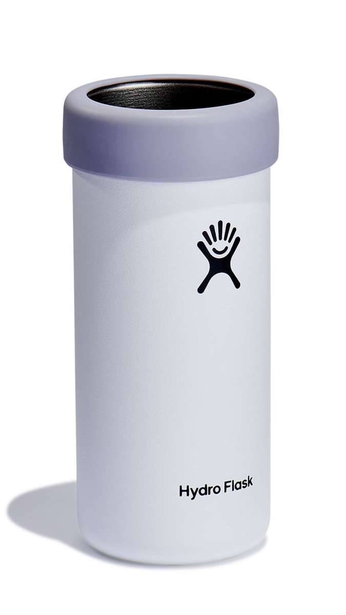 Hydro Flask Slim Cooler Cup - A white cooler cup with a black lid, featuring a distinctive logo on its side.