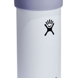 Hydro Flask Slim Cooler Cup - A white cooler cup with a black lid, featuring a distinctive logo on its side.
