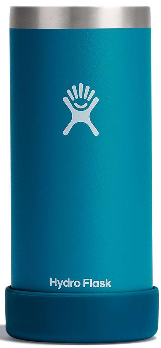 Hydro Flask Slim Cooler Cup - A blue cooler cup with a silver lid, featuring a distinctive logo on its side.