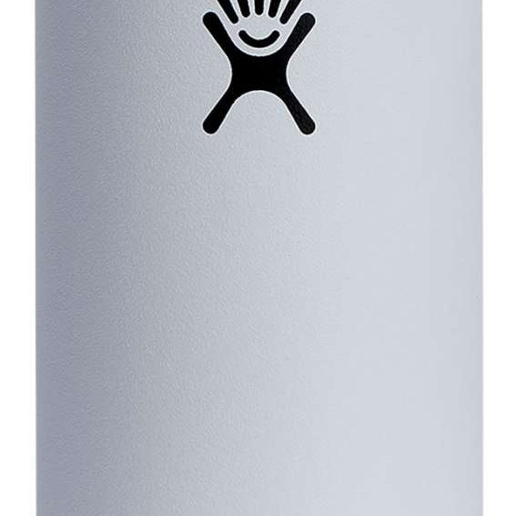 Hydro Flask Slim Cooler Cup - A white cooler cup with a silver lid, featuring a black logo of a handprint and the word "FLASK" on its side.