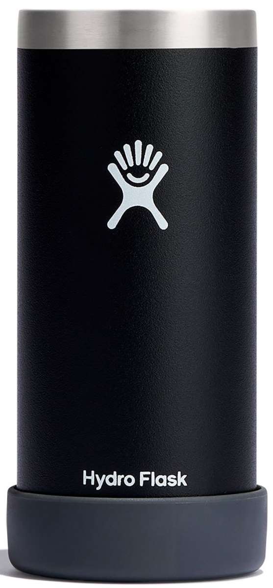 Hydro Flask - A black insulated cooler cup with a screw-on lid, featuring a white logo on one side and a handle on top.