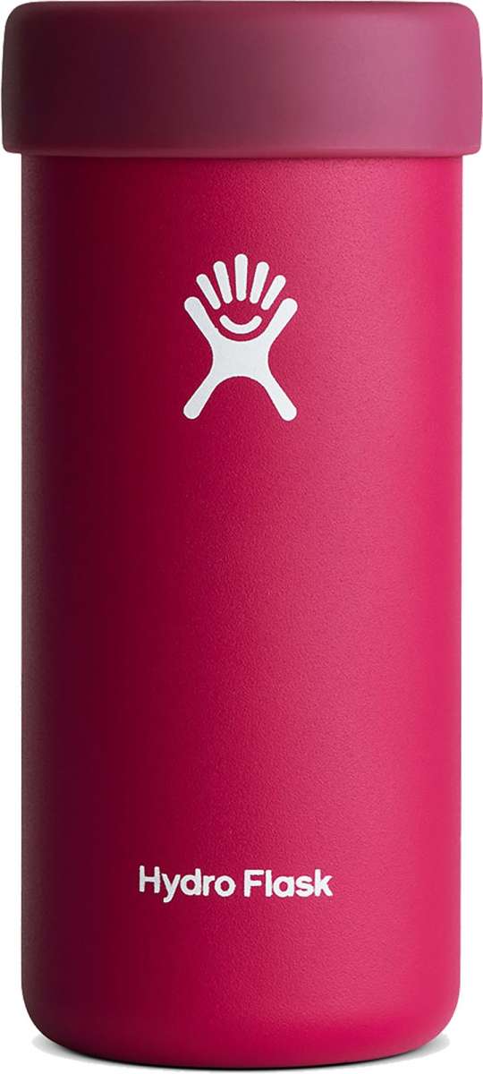 Hydro Flask Slim Cooler Cup - A pink cooler cup with a white logo of a stick figure holding up 5 fingers on its left hand, positioned to the left side of the cup.