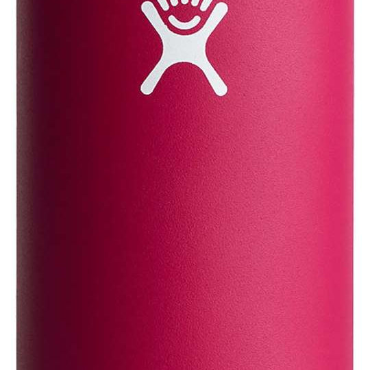 Hydro Flask Slim Cooler Cup - A pink cooler cup with a white logo of a stick figure holding up 5 fingers on its left hand, positioned to the left side of the cup.