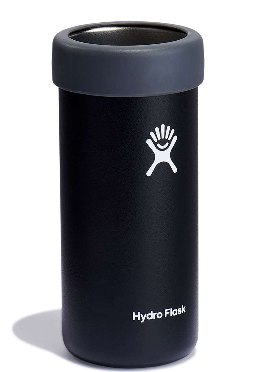 Hydro Flask Slim Cooler Cup - A black insulated cup with a screw-on lid, featuring a white logo on its side and a small handle on top.