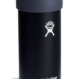 Hydro Flask Slim Cooler Cup - A black insulated cup with a screw-on lid, featuring a white logo on its side and a small handle on top.