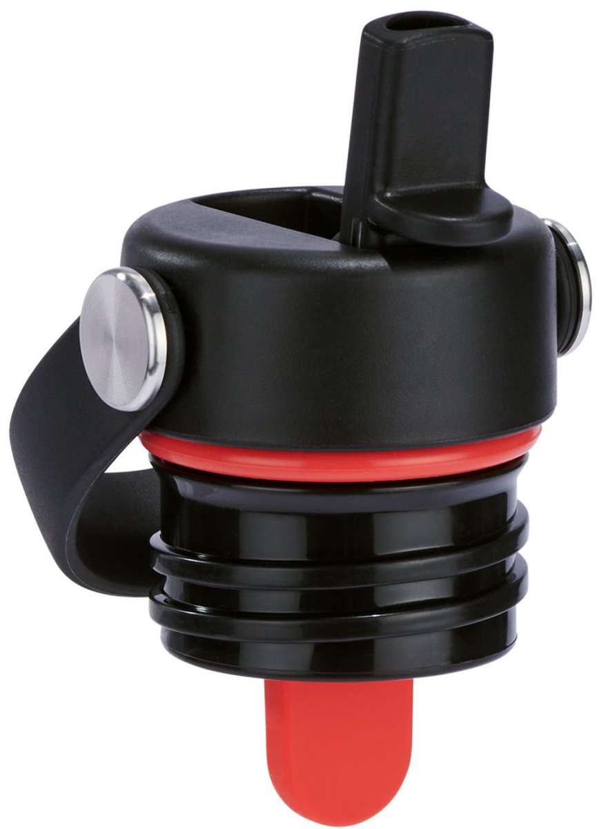 Hydro Flask Standard Flex Straw Cap - A black cap with a red straw protruding from its center, featuring a small silver screw-on lid on top and a black handle attached to the side.