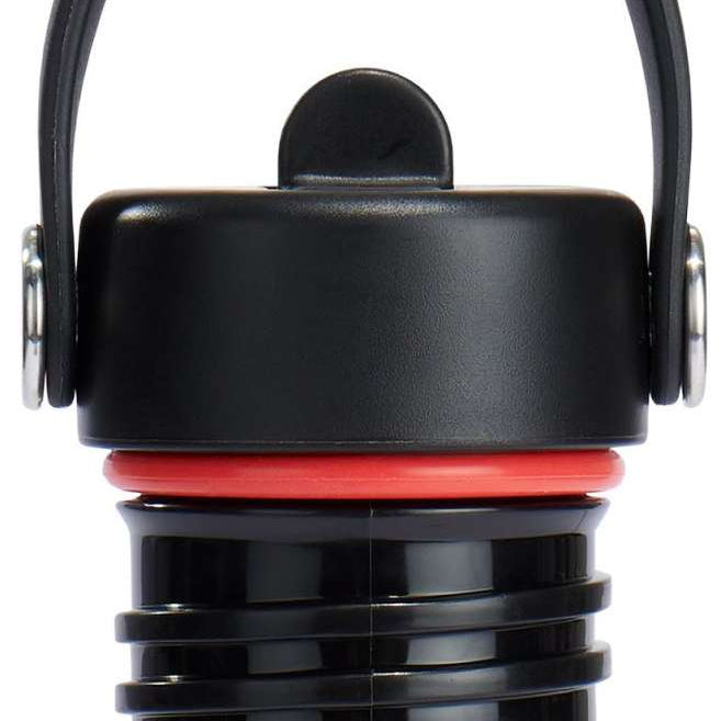 Hydro Flask Standard Flex Straw Cap - A black cap with a red straw and silver hardware, featuring a small circular button on top.