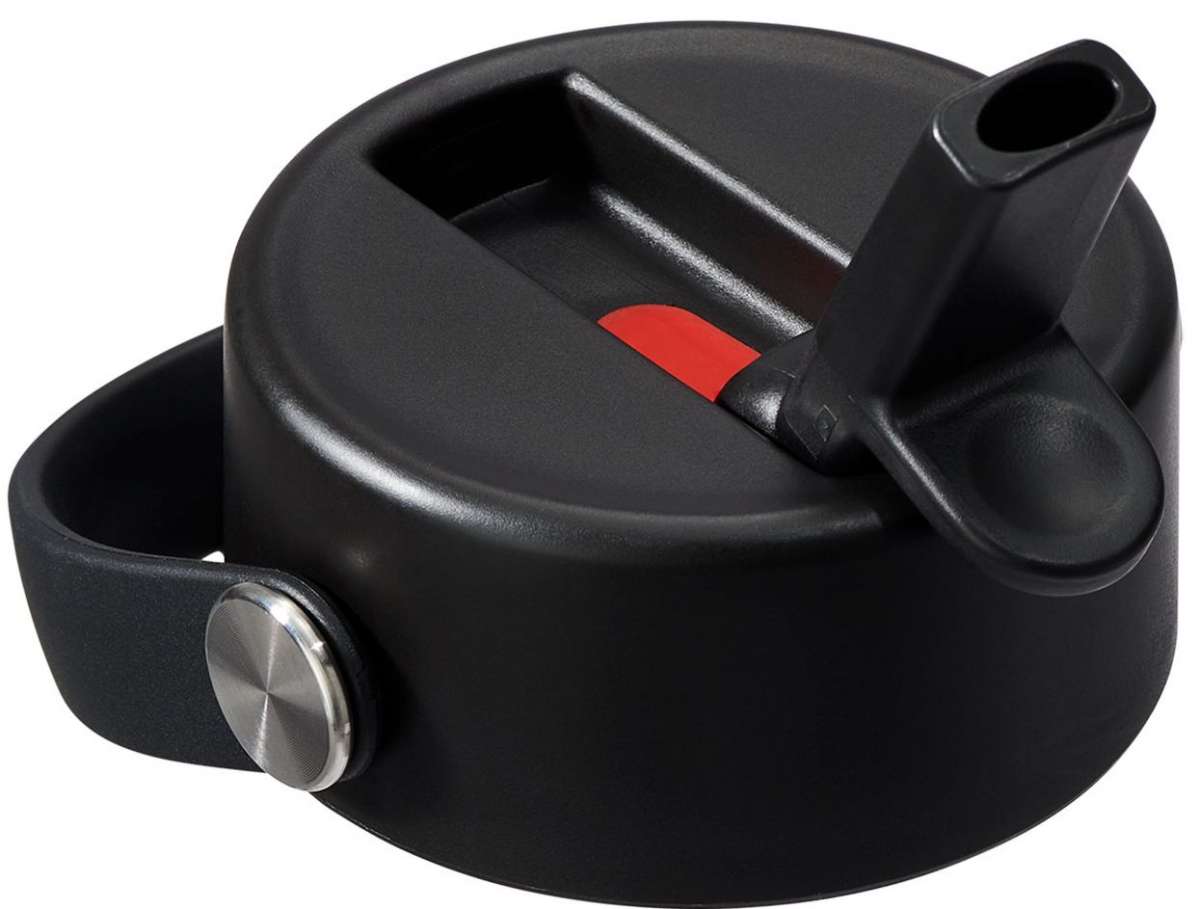 Hydro Flask Wide Flex Straw Cap - A black plastic cap with a red logo on top, featuring a wide straw opening and a small handle on one side.