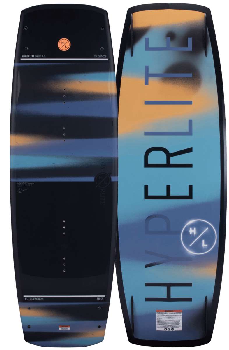 Hyperlite Women's Cadence Wakeboard 2022 - A blue and orange wakeboard with a white logo on top.