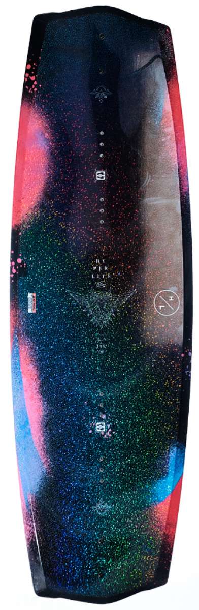 Hyperlite Eden Wakeboard With Jinx Bindings Smu 2022 - A black wakeboard with a red and white logo on the top left corner, featuring a subtle pattern of small white dots.