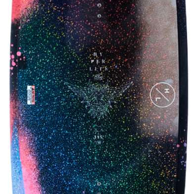 Hyperlite Eden Wakeboard With Jinx Bindings Smu 2022 - A black wakeboard with a red and white logo on the top left corner, featuring a subtle pattern of small white dots.