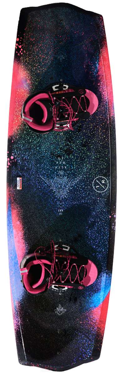 Hyperlite Eden Wakeboard With Jinx Bindings Smu 2022 - A black wakeboard with pink bindings and a white logo on top.