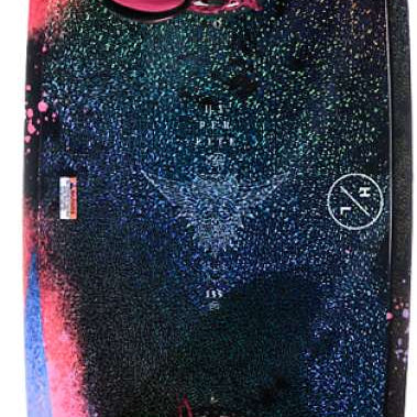 Hyperlite Eden Wakeboard With Jinx Bindings Smu 2022 - A black wakeboard with pink bindings and a white logo on top.