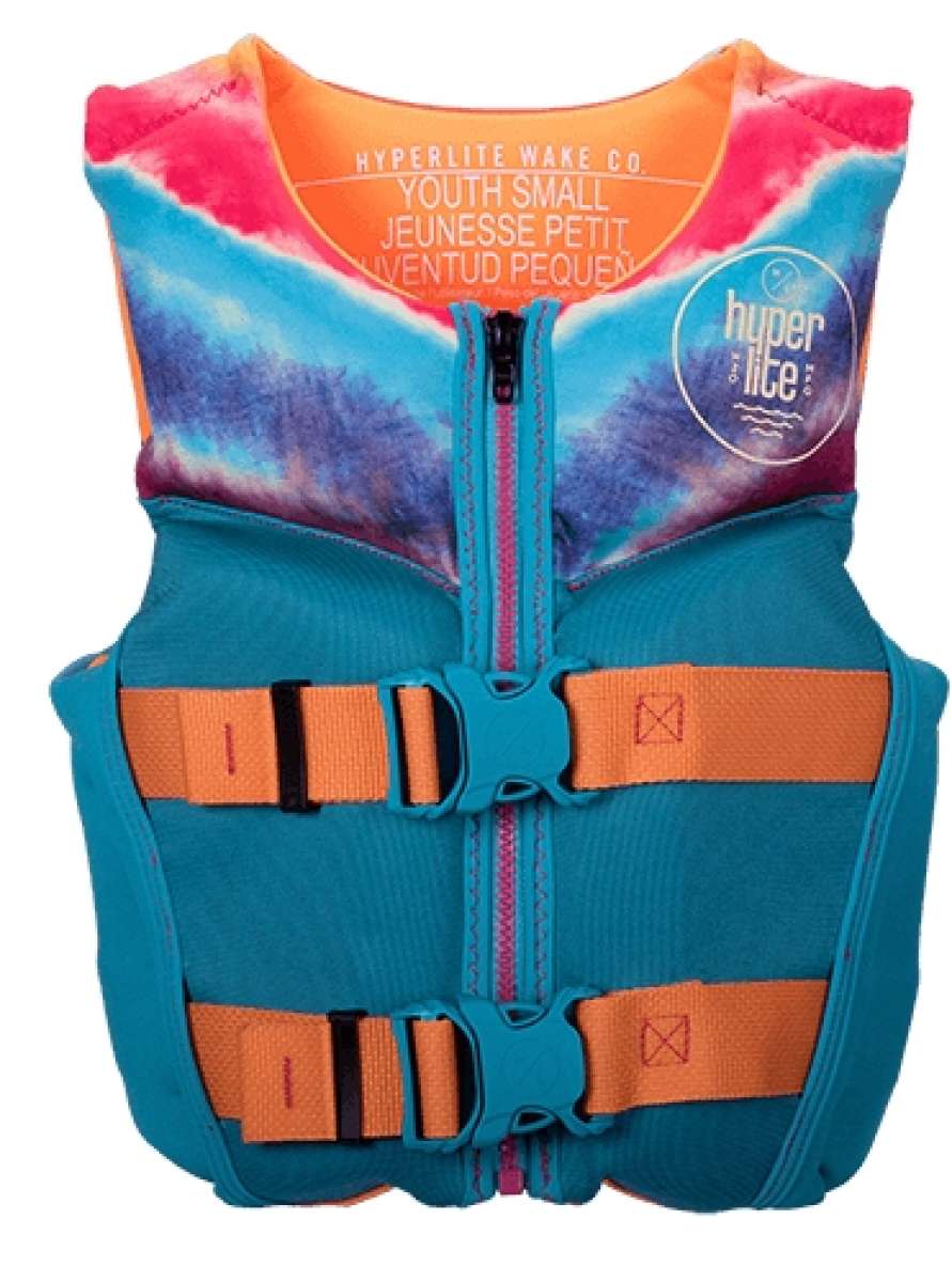 Hyperlite Girls Indy CGA Vest 2022 - A blue, pink and purple tie-dye patterned life vest with a zipper down the front.
