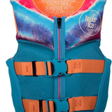 Hyperlite Girls Indy CGA Vest 2022 - A blue, pink and purple tie-dye patterned life vest with a zipper down the front.