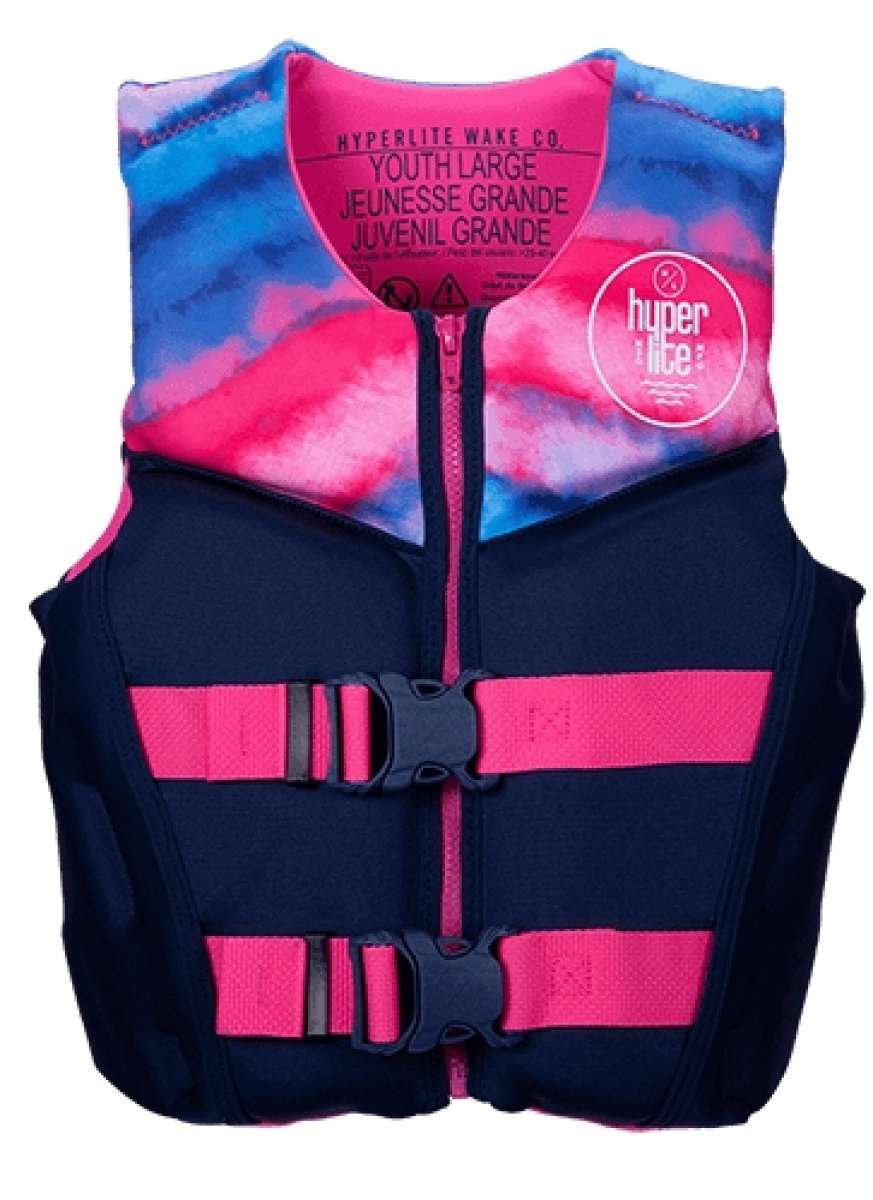 Hyperlite Girls Indy CGA Vest 2022 - A pink, blue and white tie-dye patterned life vest with a zipper down the front.