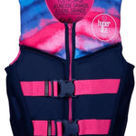 Hyperlite Girls Indy CGA Vest 2022 - A pink, blue and white tie-dye patterned life vest with a zipper down the front.