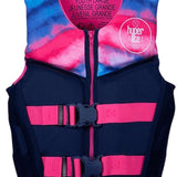Hyperlite Girls Indy CGA Vest 2022 - A pink, blue and white tie-dye patterned life vest with a zipper down the front.