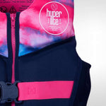 Hyperlite Girls Indy CGA Vest 2022 - A pink, blue and white tie-dye patterned life vest with a zipper down the front.