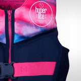 Hyperlite Girls Indy CGA Vest 2022 - A pink, blue and white tie-dye patterned life vest with a zipper down the front.