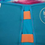 Hyperlite Girls Indy CGA Vest 2022 - A bright blue life jacket with a white logo on the left chest and two orange buckles in the middle.