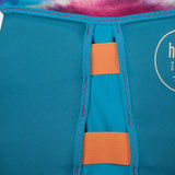 Hyperlite Girls Indy CGA Vest 2022 - A bright blue life jacket with a white logo on the left chest and two orange buckles in the middle.