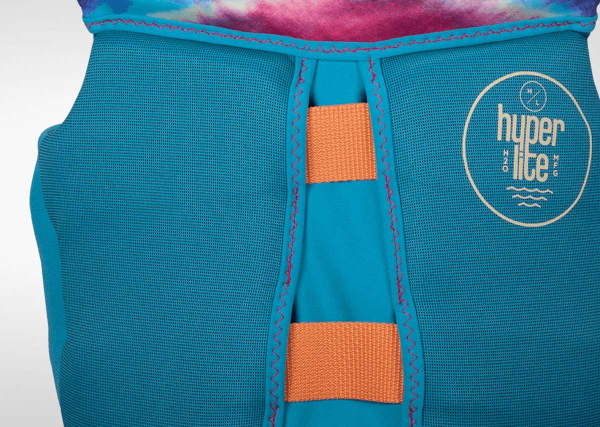 Hyperlite Girls Indy CGA Vest 2022 - A bright blue life jacket with a white logo on the left chest and two orange buckles in the middle.