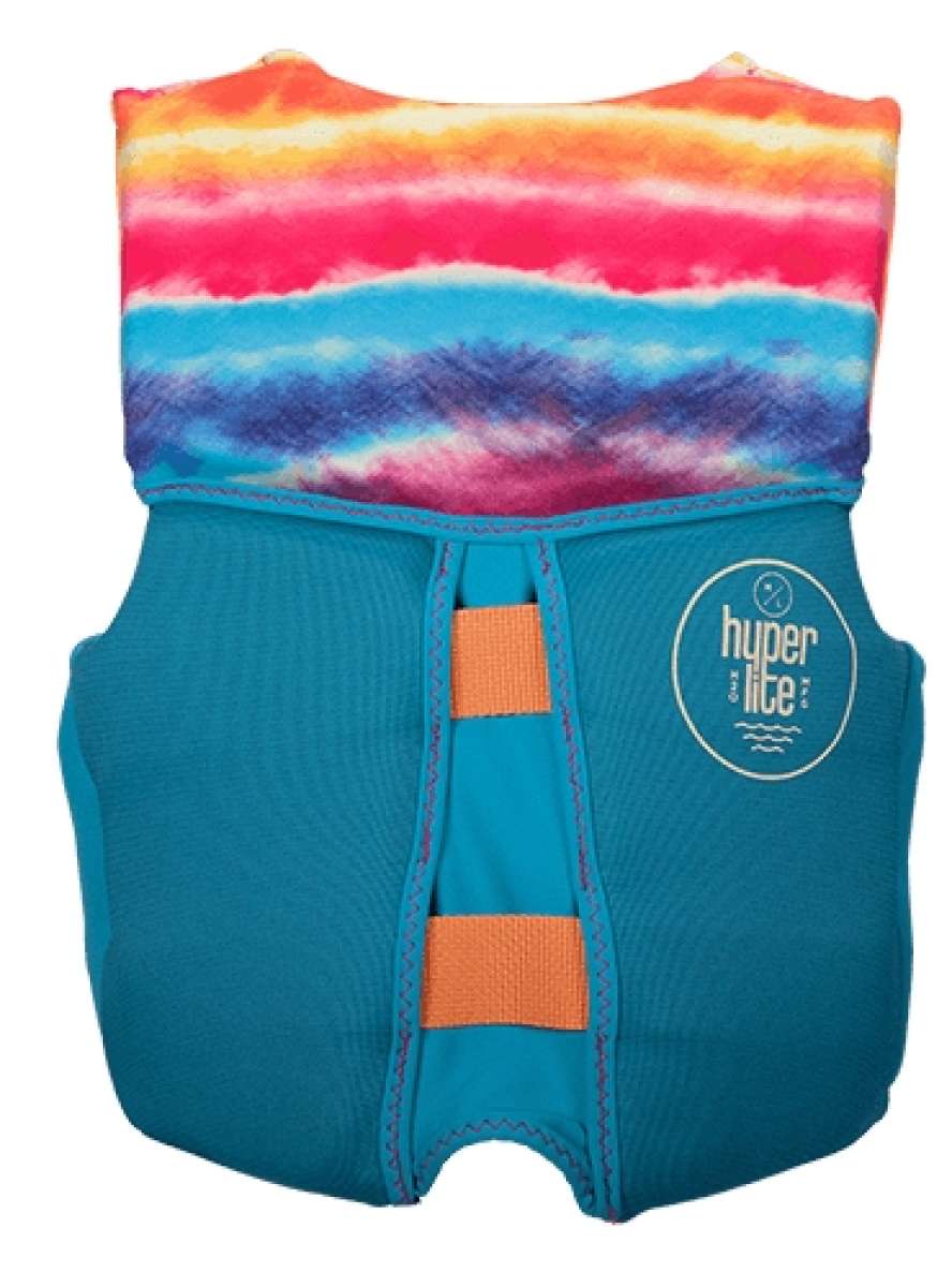 Hyperlite Girls Indy CGA Vest 2022 - A blue life vest with a tie-dye pattern on top and orange buckles.