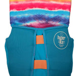 Hyperlite Girls Indy CGA Vest 2022 - A blue life vest with a tie-dye pattern on top and orange buckles.
