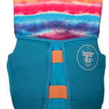 Hyperlite Girls Indy CGA Vest 2022 - A blue life vest with a tie-dye pattern on top and orange buckles.