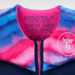 Hyperlite Girls Indy CGA Vest 2022 - A pink, blue and white tie-dye patterned life vest with a zipper down the front.