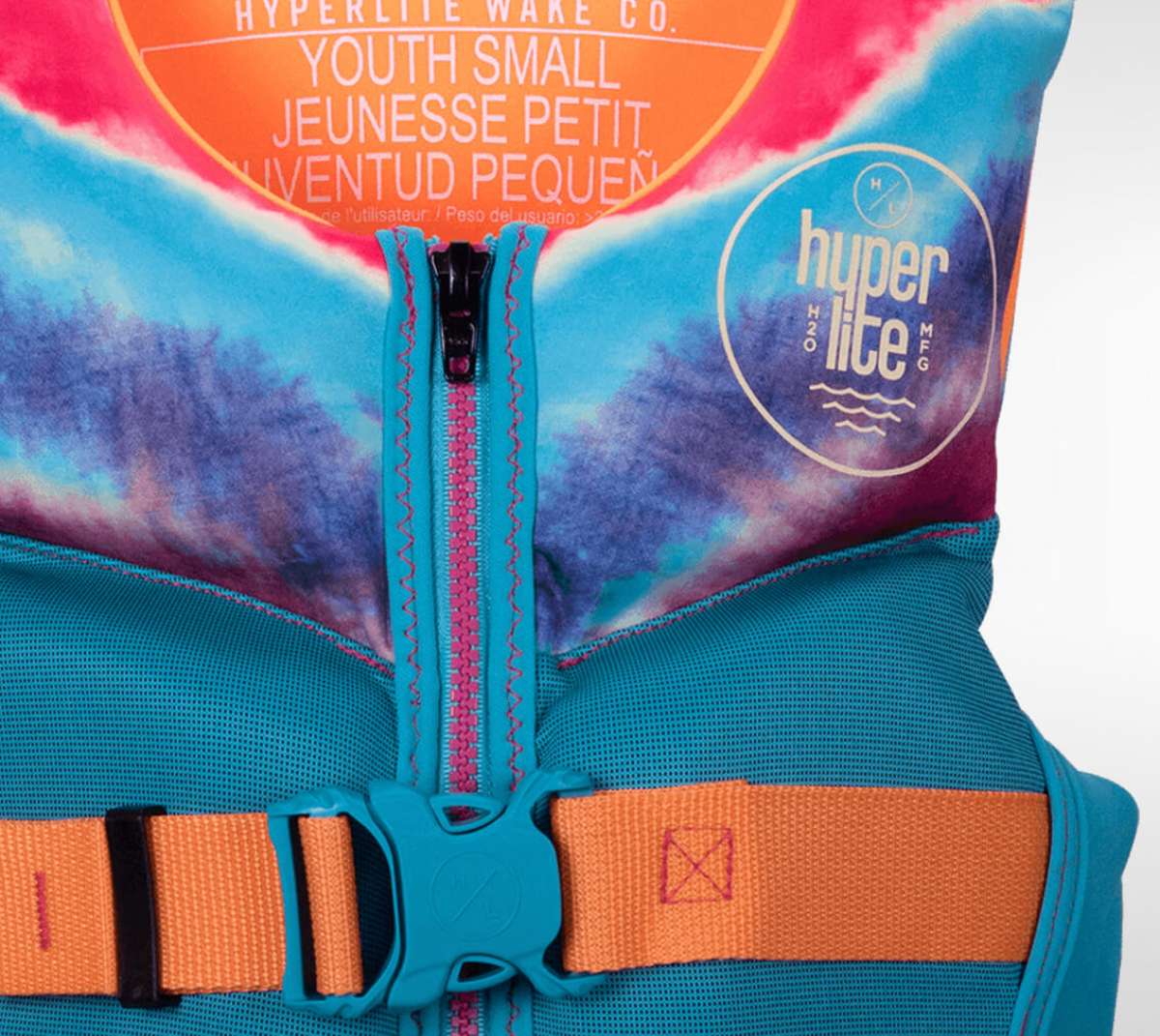 Hyperlite Girls Indy CGA Vest 2022 - A blue, purple and pink girls' life vest with a zipper down the front.
