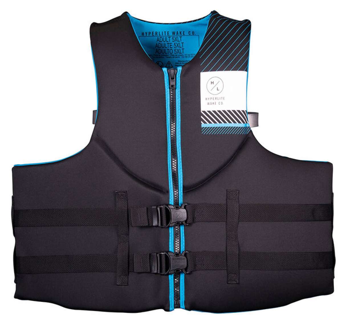 Hyperlite Men's Indy Big & Tall CGA Vest 2020 - A black life vest with blue trim and a zipper down the front.