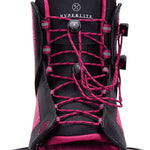 Hyperlite Ladies Jinx Wakeboard Bindings 2022 - A pair of black and pink bindings with a distinctive logo on the top strap.