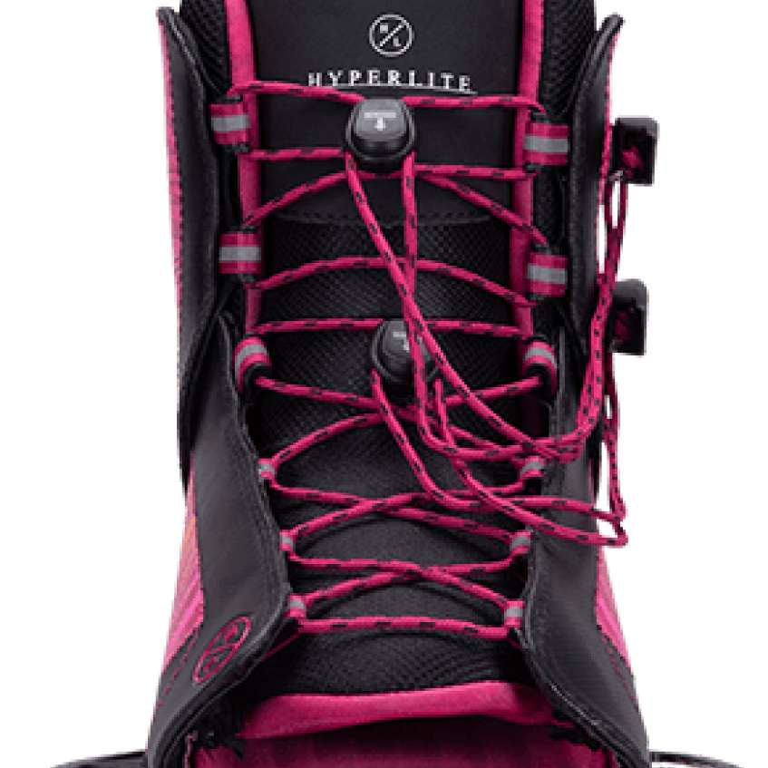 Hyperlite Ladies Jinx Wakeboard Bindings 2022 - A pair of black and pink bindings with a distinctive logo on the top strap.