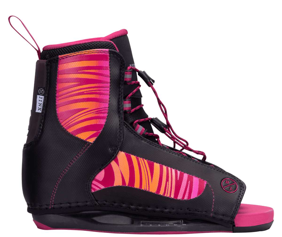 Jinx - A pair of black wakeboard bindings with pink accents and a zebra-striped pattern on the straps.