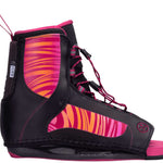 Jinx - A pair of black wakeboard bindings with pink accents and a zebra-striped pattern on the straps.